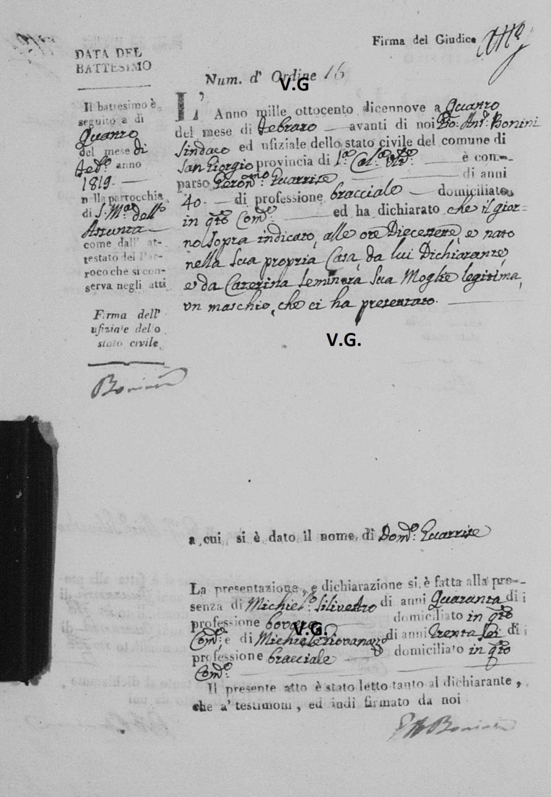 1819, atto di nascita di Domen Guarrise di Girolamo