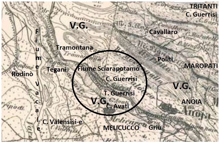 Mappa del 1800-1870, la contrade della famiglia Guerrisi, in prossimità del fiume Sciarapotamo di Melicucco di Polistena, confinante con contrada Avati, Grio, Tigani, Rodinò e Valensise. Al centro delle due contrade si trovava la contrada con il mulino della famiglia Politi.